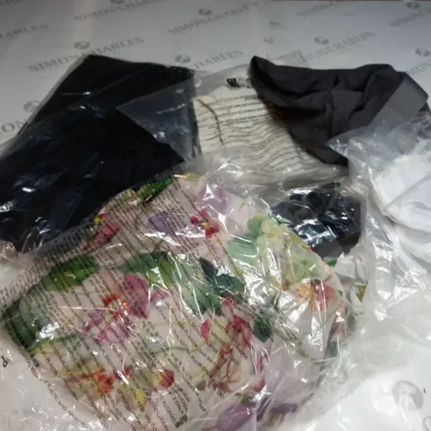 BOX OF ASSORTED CLOTHING ITEMS TOO INCLUDE DRESSES , SHIRTS AND TROUSERS IN VARIOUS SIZES AND COLOURS