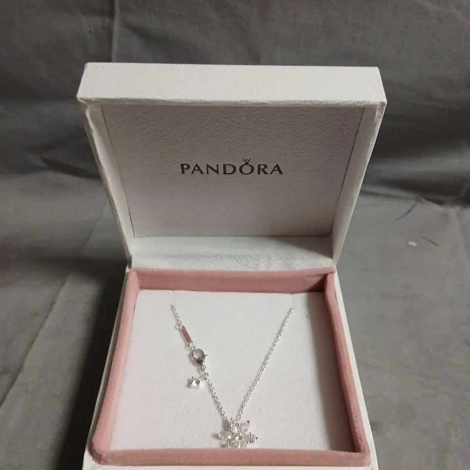 BOXED PANDORA STERLING SILVER FLOWER PENDANT NECKLACE WITH CRYSTALS