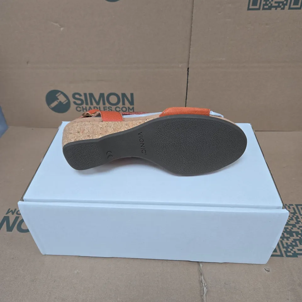 VIONIC WOMEN'S WEDGE SANDALS – ORANGE SUEDE STRAPS, PINK BRAIDED ANKLE STRAP, CORK HEEL UK 7 BOXED