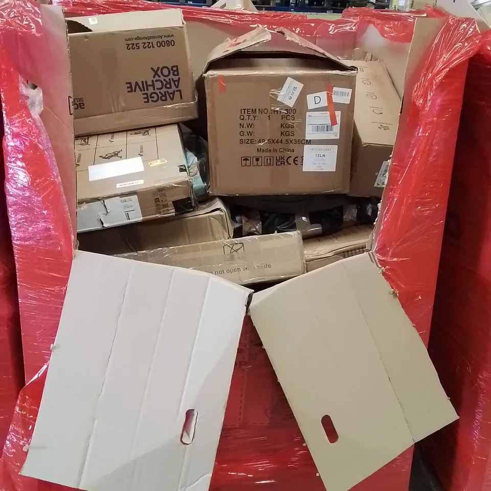 PALLET OF ASSORTED HOUSEHOLD GOODS AND PRODUCTS TO INCLUDE; ELECTRIC CONVEYOR TOASTER, BLADELESS FAN, TRAMPOLINE, BOXED FURNITURE ETC