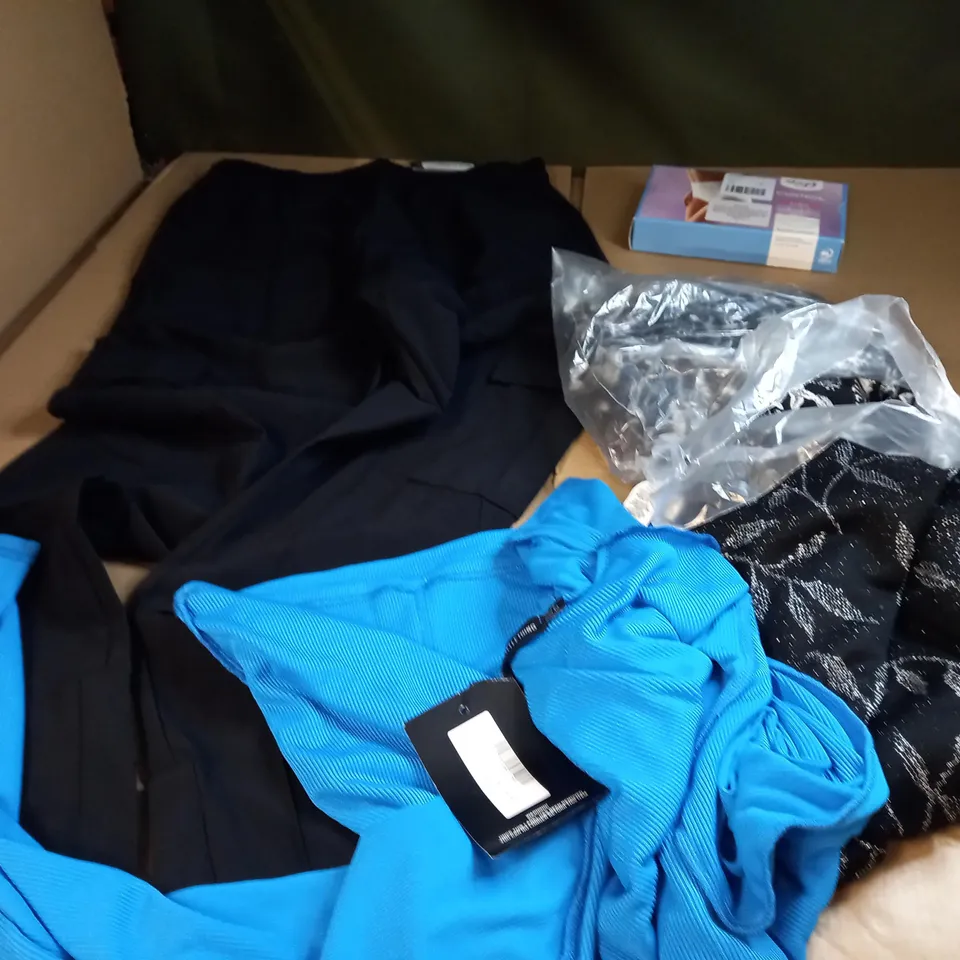 BOX OF APPROXIMATELY 25 ASSORTED CLOTHING ITEMS TO INCLUDE A PAIR OF BLACK STRETCH TROUSERS, A PAIR OF SLIPPERS,  A PAIR OF PJ BOTTOMS AND A UNDERWEAR SET