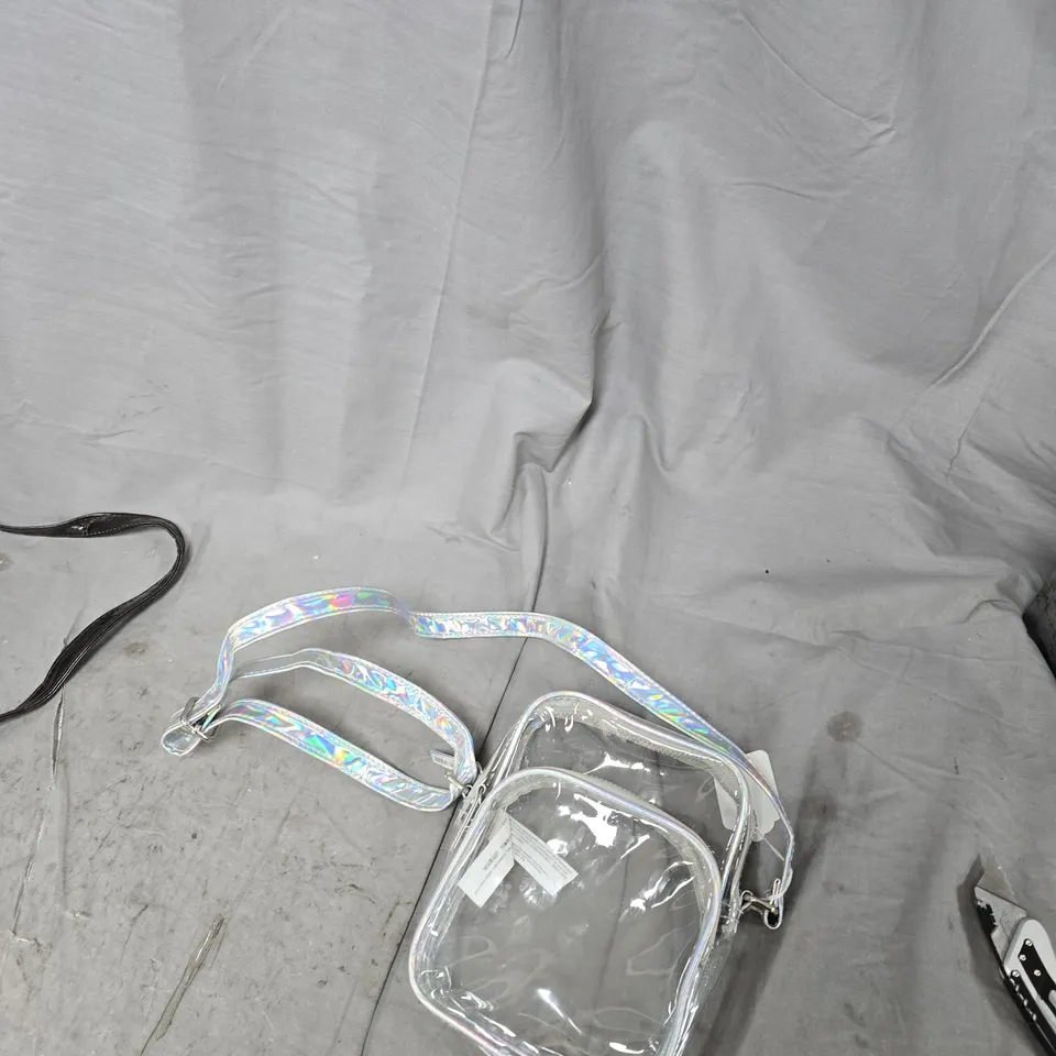 BOX OF APPROXIMATELY 14 ASSORTED ITEMS TO INCLUDE: BLACK HANDBAG AND CLEAR HANDBAG