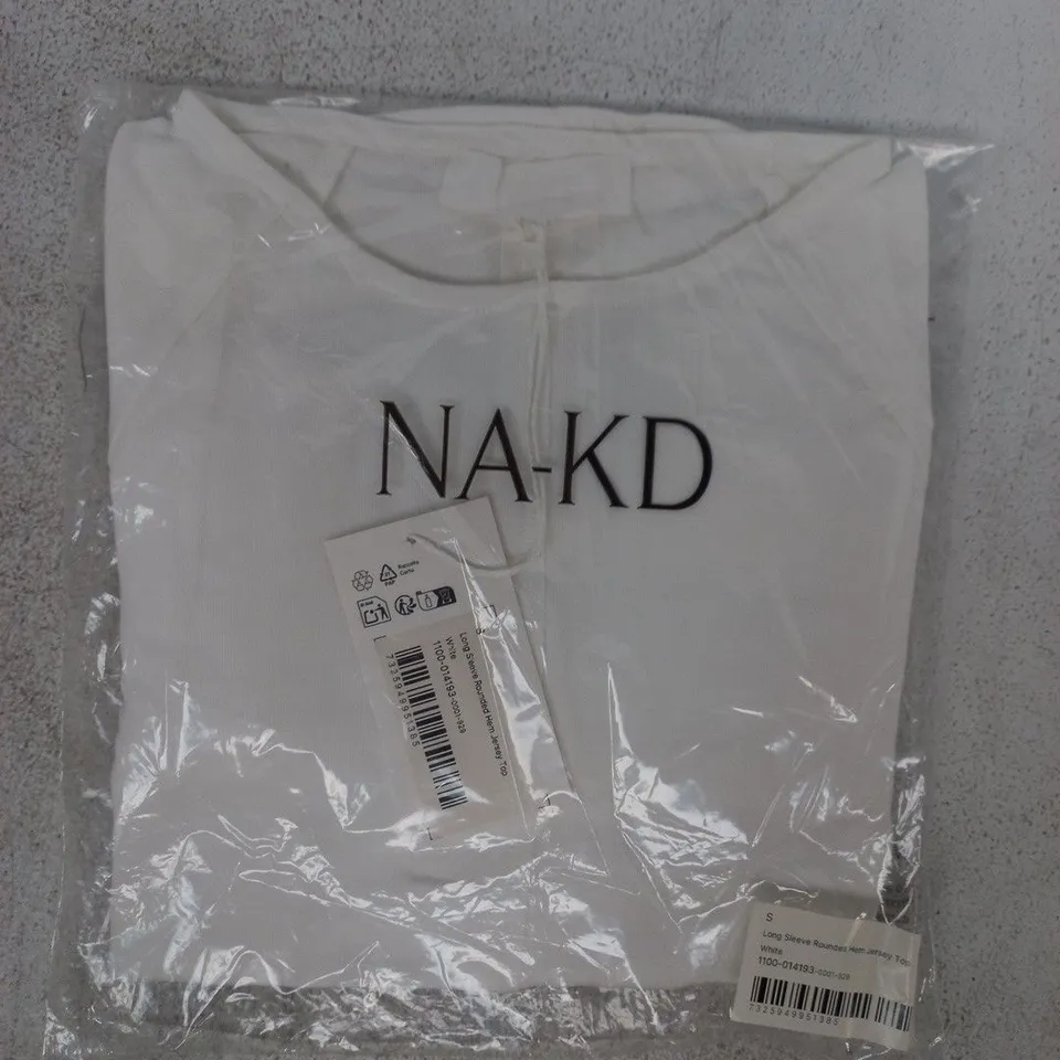 BAGGED NA-KD LONG SLEEVE ROUNDED HEM JERSEY TOP IN WHITE SIZE SMALL