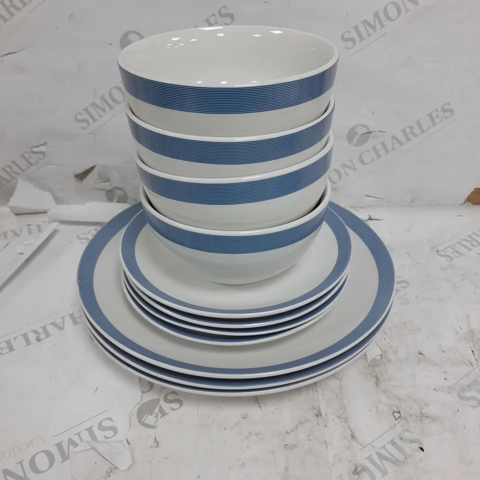 BOXED GEORGE HOME PORCELAIN BLUE STRIPE 12 PIECE DINNER SET