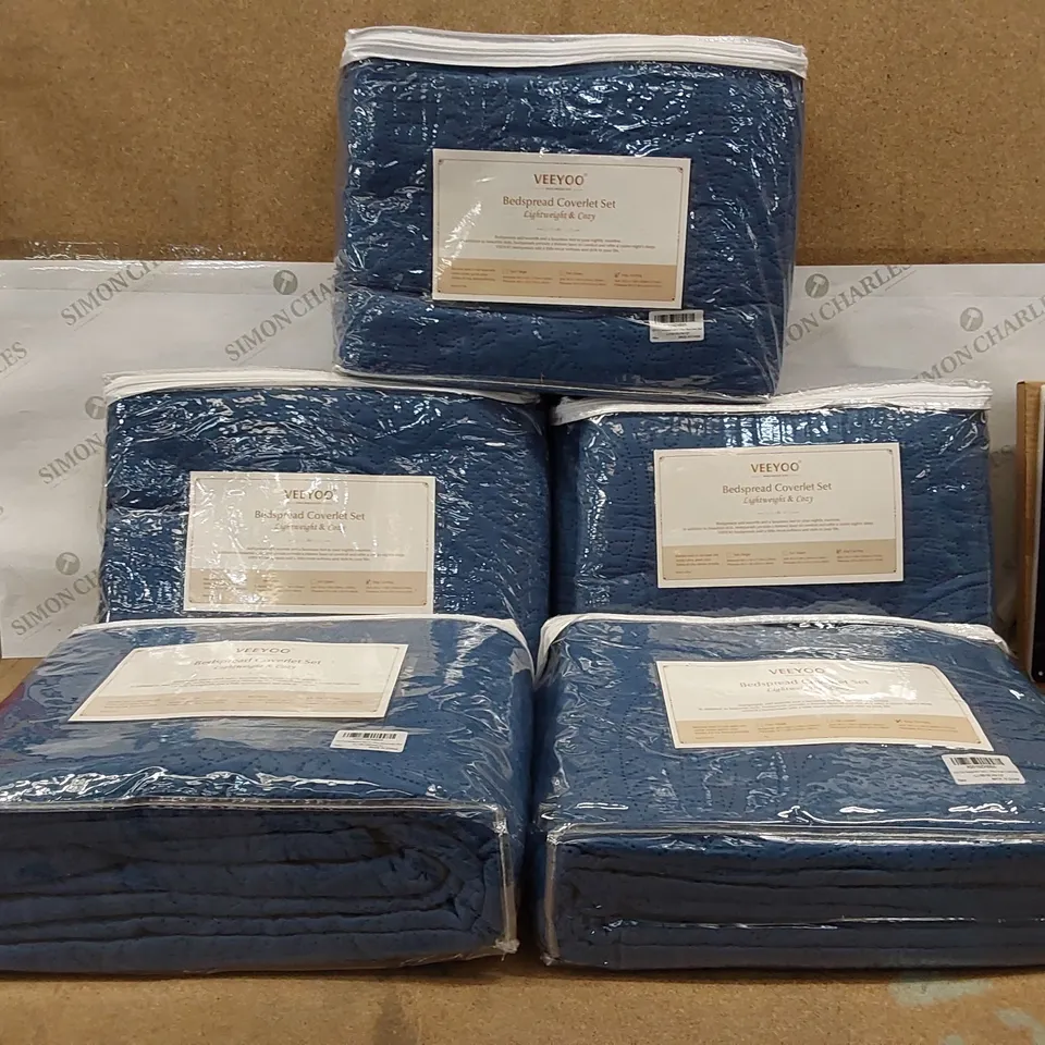 BOX OF 5X VEEYOO BEDSPREAD COVERLET SETS - NAVY BLUE, KING SIZE (1 BOX)