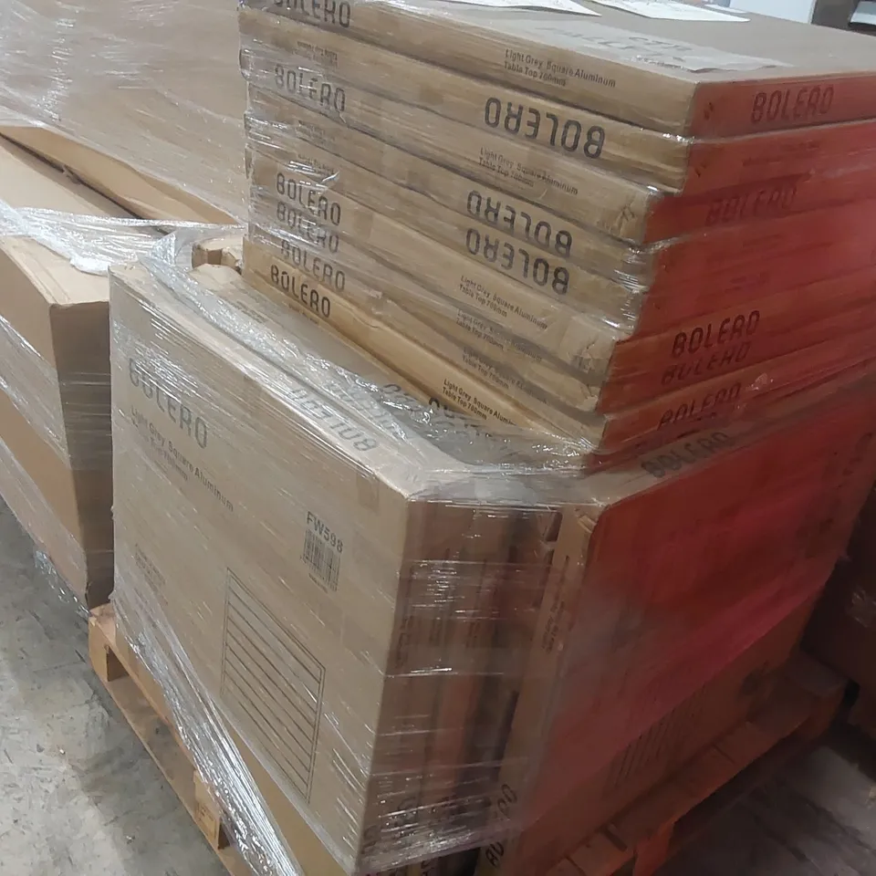 PALLET CONTAINING A VERY LARGE QUANTITY OF BRAND NEW BOXED BOLERO ALUMINIUM TABLE TOPS