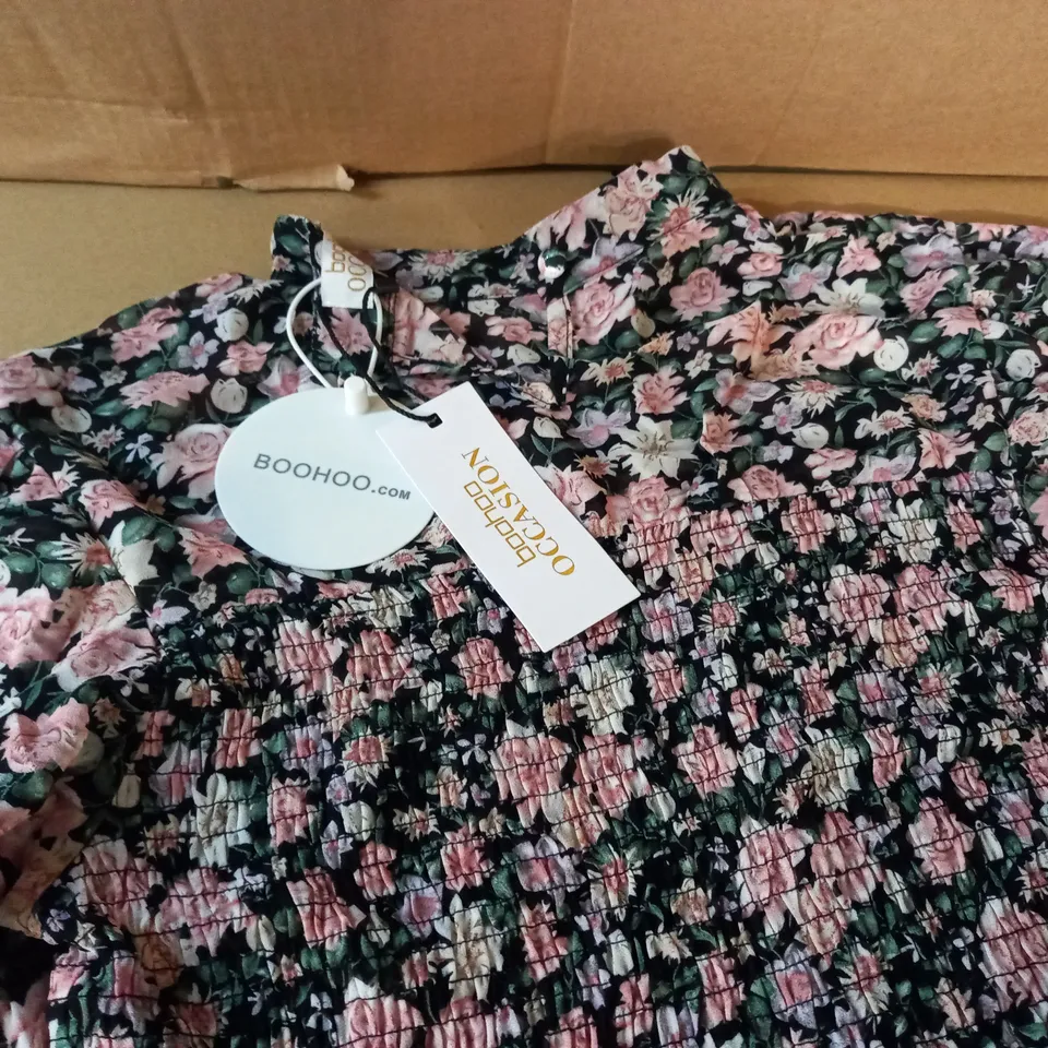 BOOHOO OCCASION FLORAL SHIRRED HIGH NECK PLEATED MIDI DRESS - 16