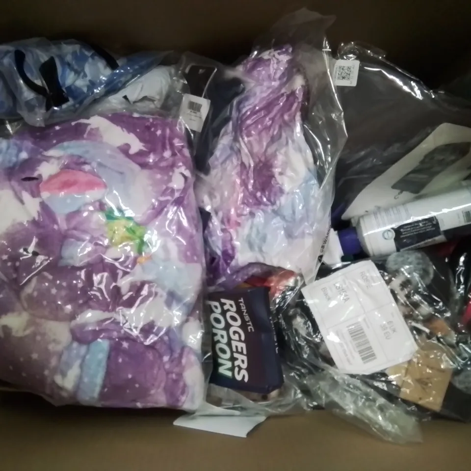 BOX CONTAINING LARGE AMOUNT OF MIXED FASHION ITEMS, SILVER PLATE AND COSTUME JEWELLERY, CLOTHING ITEMS ETC.