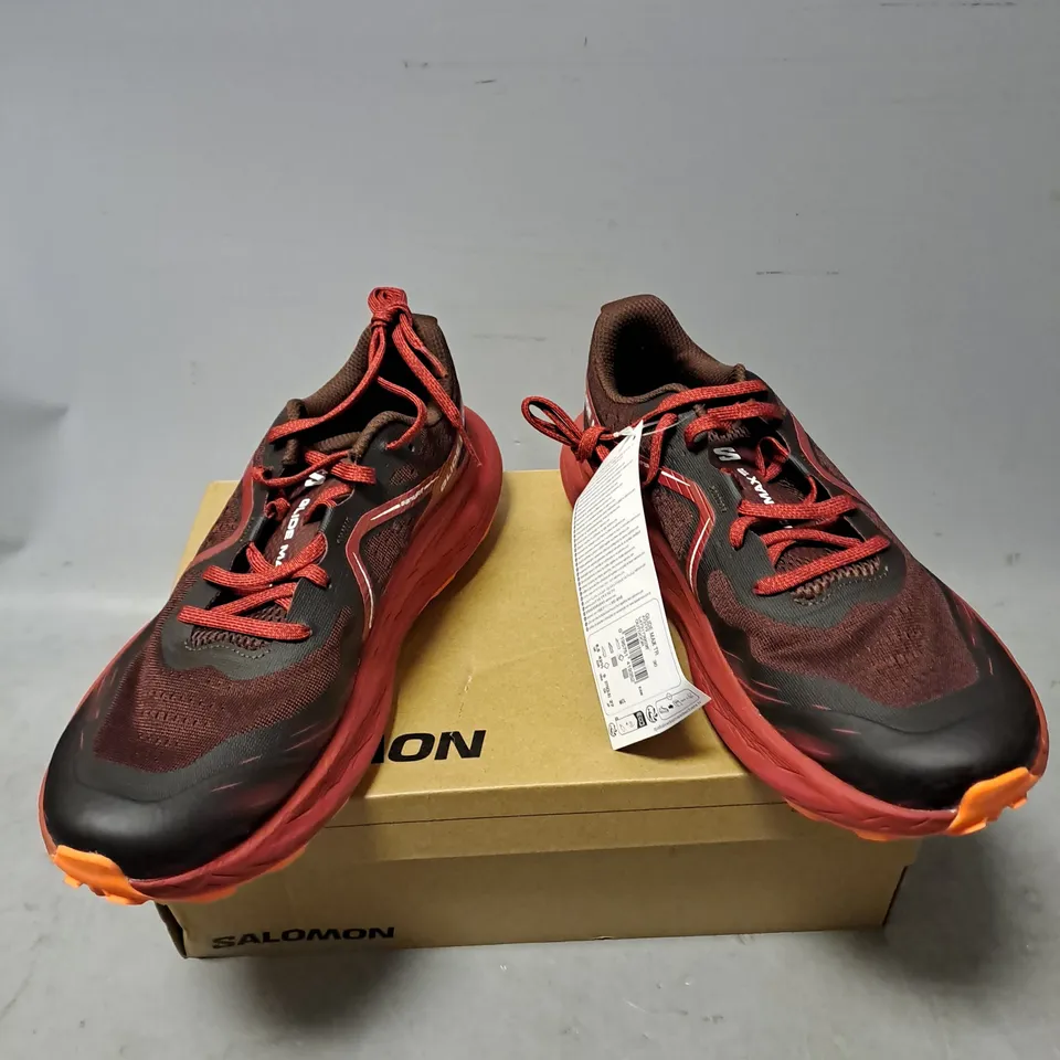 BOXED PAIR OF SALOMON GLIDE MAX TRAINERS IN RED MULTI SIZE 8.5