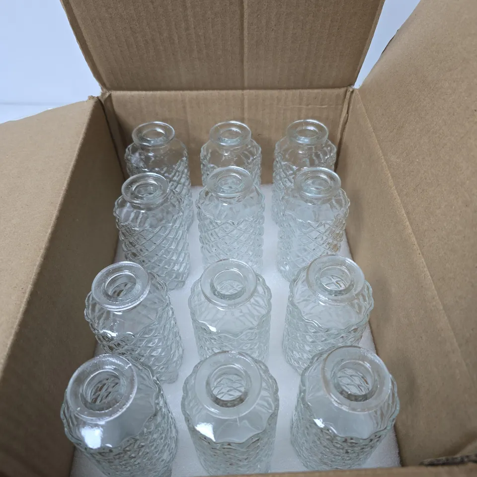 SET OF 12 CLEAR DIAMOND-CUT GLASS BOTTLES, BOXED