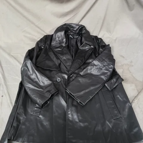 ZARA BLACK LEATHER-LOOK COAT – WOMEN'S LONGLINE, DOUBLE-BREASTED SIZE LARGE 