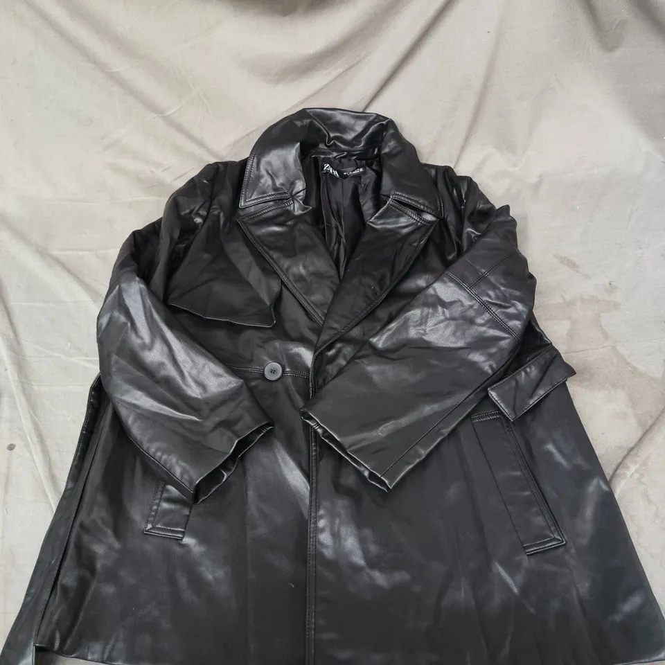 ZARA BLACK LEATHER-LOOK COAT – WOMEN'S LONGLINE, DOUBLE-BREASTED SIZE LARGE 