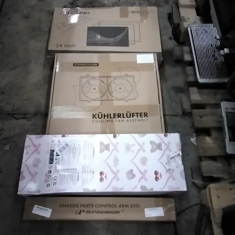 PALLET OF HOUSEHOLD ITEMS TO INCLUDE 24 INCH MONITOR, COOLING FAN ASSEMBLY, TOY DOLL,CHASSIS PARTS CONTROL ARM KITS AND OTHER ASSORTED ITEMS ...