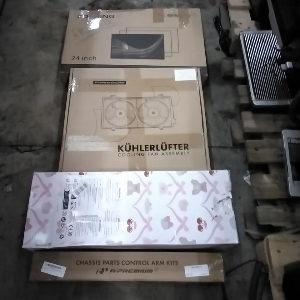 PALLET OF HOUSEHOLD ITEMS TO INCLUDE 24 INCH MONITOR, COOLING FAN ASSEMBLY, TOY DOLL,CHASSIS PARTS CONTROL ARM KITS AND OTHER ASSORTED ITEMS ...