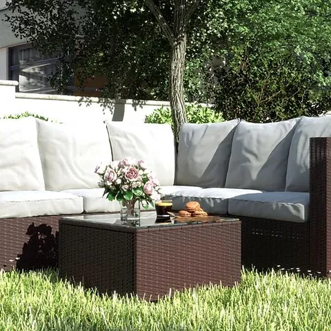 BOXED TEMPLE RATTAN CORNER SOFA SET - BROWN (1 BOX)