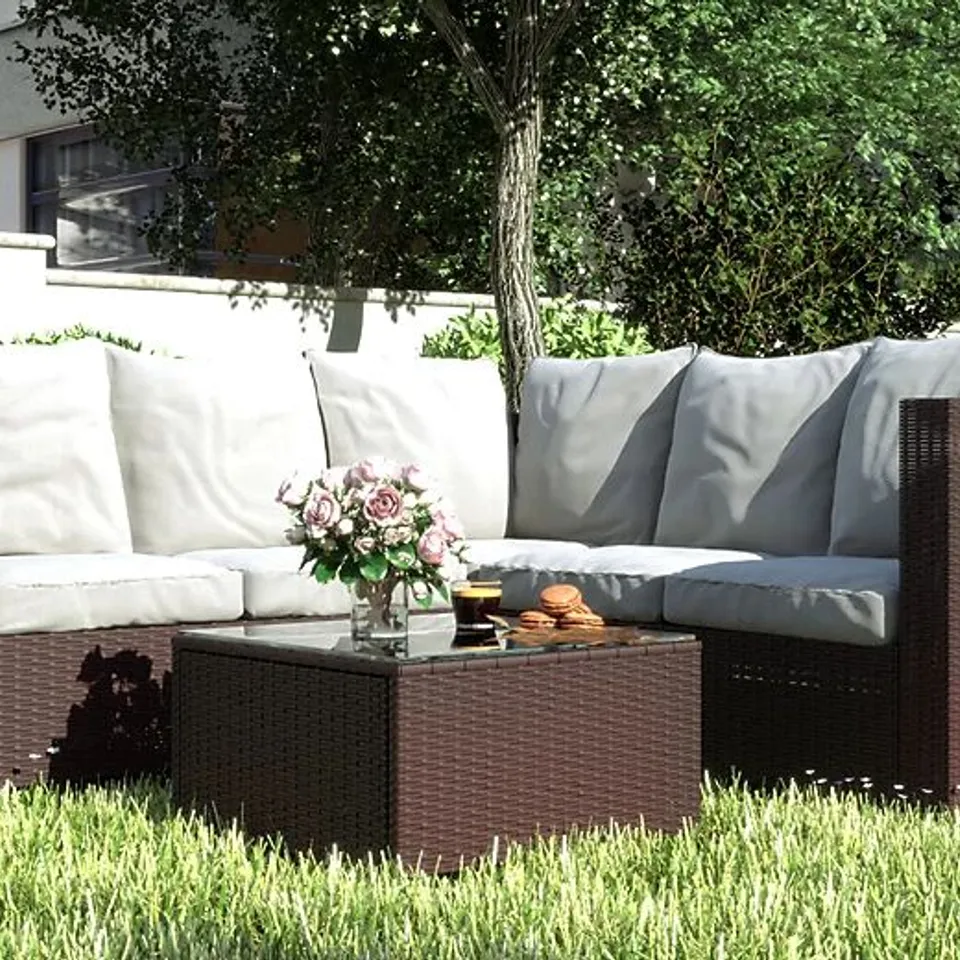 BOXED TEMPLE RATTAN CORNER SOFA SET - BROWN (1 BOX)