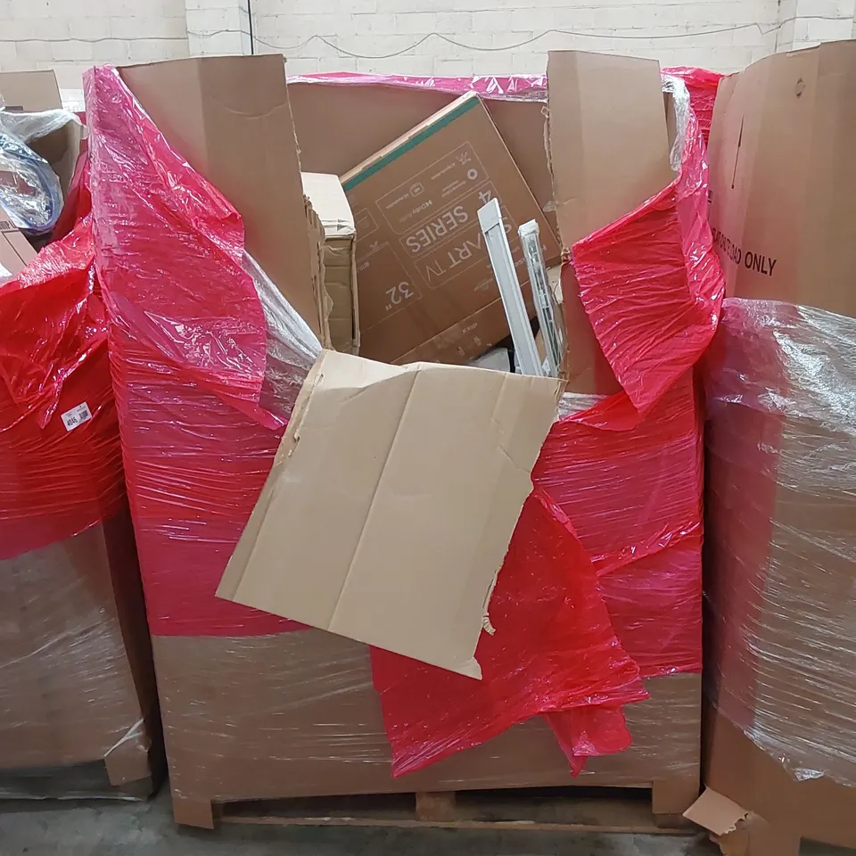 PALLET OF ASSORTED HOUSEHOLD ITEMS AND CONSUMER PRODUCTS TO INCLUDE; PRINTERS, RETRACTABLE SAFETY GATE, DEHUMIDIFIER ETC