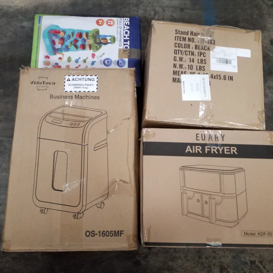 PALLET OF ASSORTED PRODUCTS INCLUDING AIR FRYER, STAND HAIR DRYER, BEACH TOY, MICRO CUT PAPER SHREDDER 