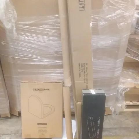 PALLET OF ASSORTED ITEMS INCLUDING TOILET SEAT, PATIO UMBRELLA, FLOATING SHELVES, CURTAIN ROD