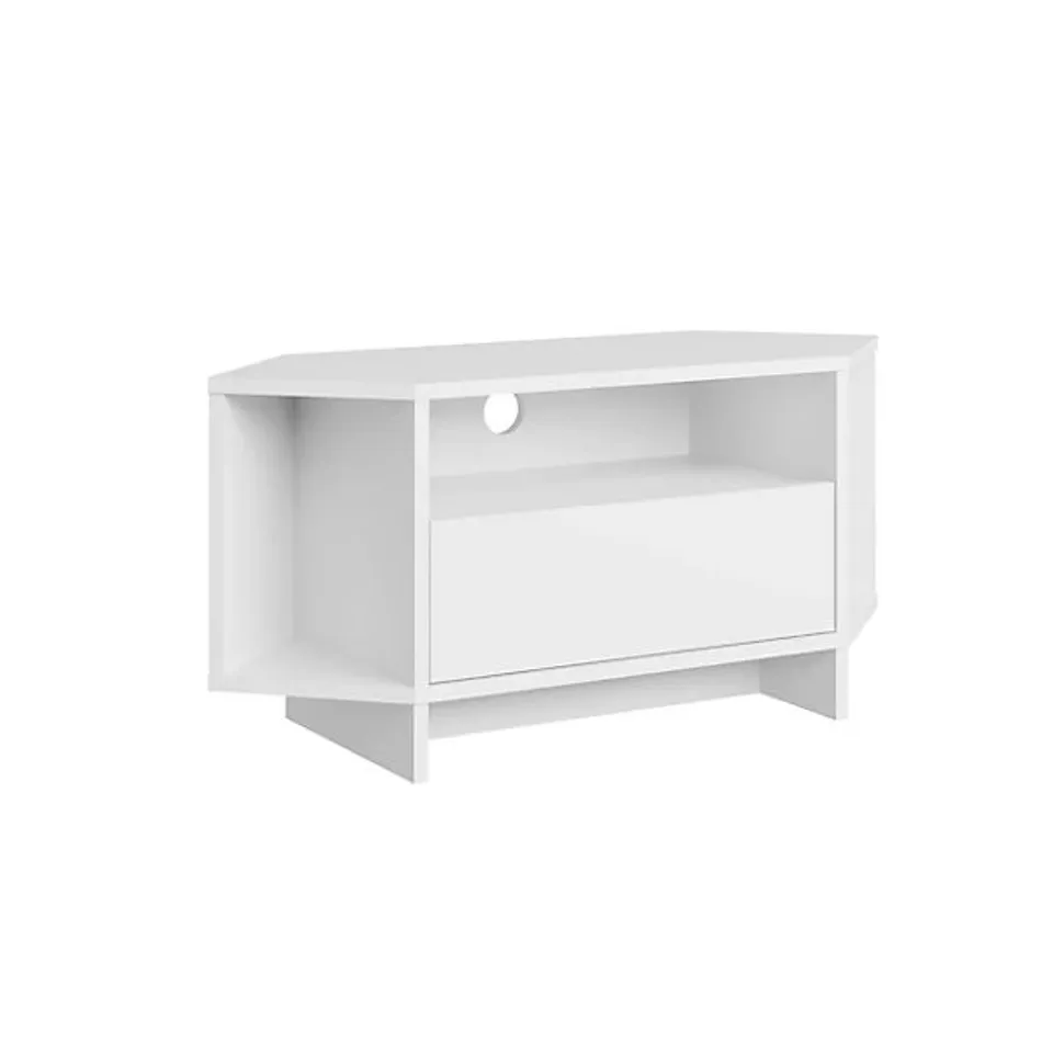 BOXED DECORITE VIVA CORNER TV STAND - WHITE (1 BOX)