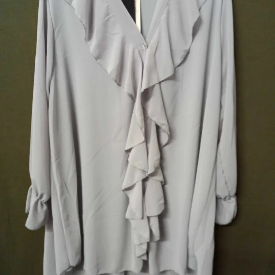 KURT MULLER WOMAN RUFFLE V-NECK LONG SLEEVE MIDI DRESS IN GREY - SIZE UNSPECIFIED