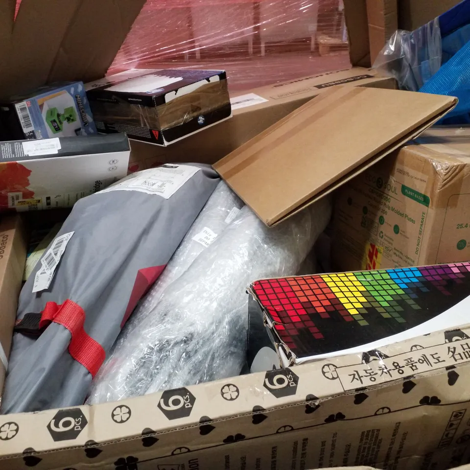 PALLET OF ASSORTED PRODUCTS INCLUDING WINDOW REGULATOR, TONER CARTRIDGE, MINECRAFT ALARMCLOCK, HOSE TROLLEY, GRANITE DOSA TEA 30CM 