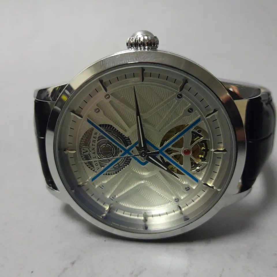 MENS VONLANTHEN AUTOMATIC WATCH – SILVER AND BLUE TEXTURED DIAL - GLASS EXHIBITION BACKCASE – BLACK LEATHER STRAP