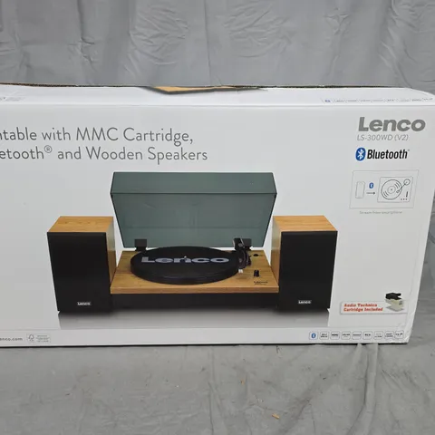 LENCO LS-300WD (V2) TURNTABLE WITH MMC CARTRIDGE, BLUETOOTH & WOODEN SPEAKERS – BOXED