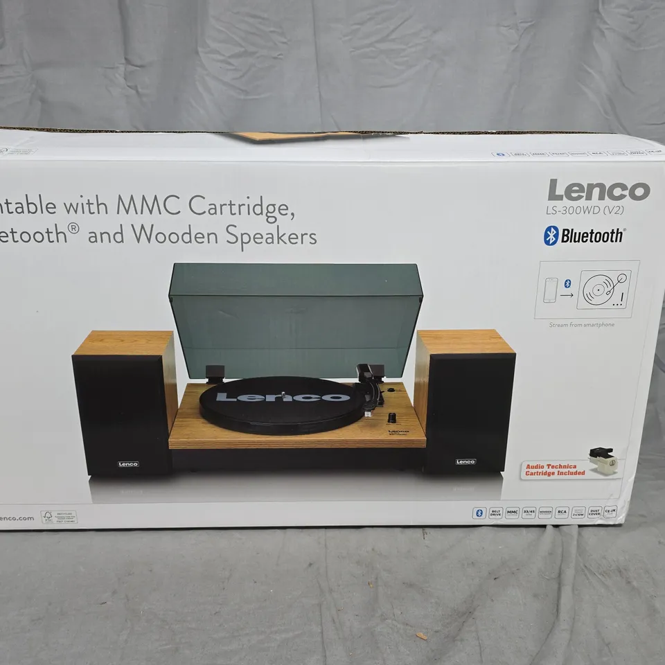 LENCO LS-300WD (V2) TURNTABLE WITH MMC CARTRIDGE, BLUETOOTH & WOODEN SPEAKERS – BOXED