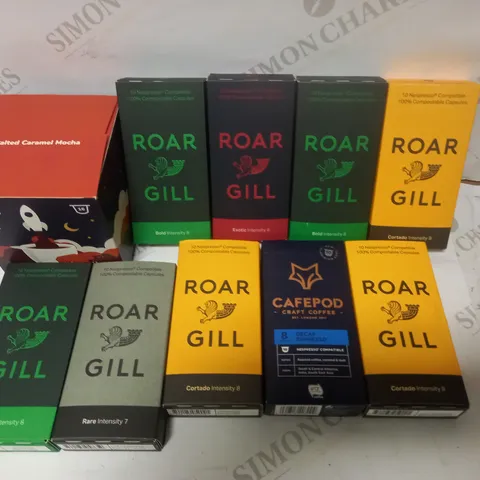 BOX OF APPROXIMATELY 10 ASSORTED COFFEE PRODUCTS TO INCLUDE ROAR GILL, CAFEPOD, SENSO NOCTURNO ETC