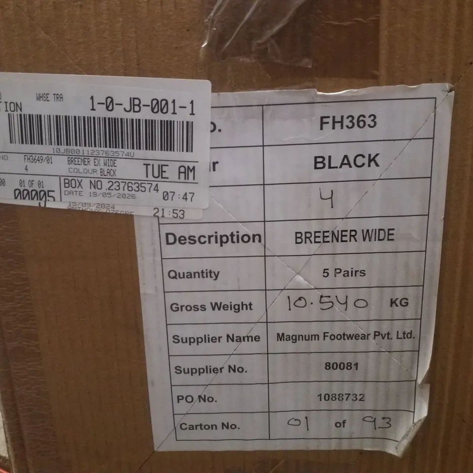 BOX CONTAINING APPROXIMATELY 5 PAIRS OF BRAND NEW SIMPLY BE BLACK BREENER EX WIDE BOOTS - SIZE 4