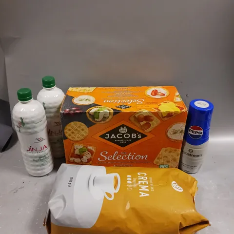 APPROXIMATELY 7 ASSORTED FOOD/DRINK PRODUCTS TO INCLUDE JACOBS CRACKERS SELECTION, PEPSI SODA STREAM MIX, CREMA COFFEE ETC