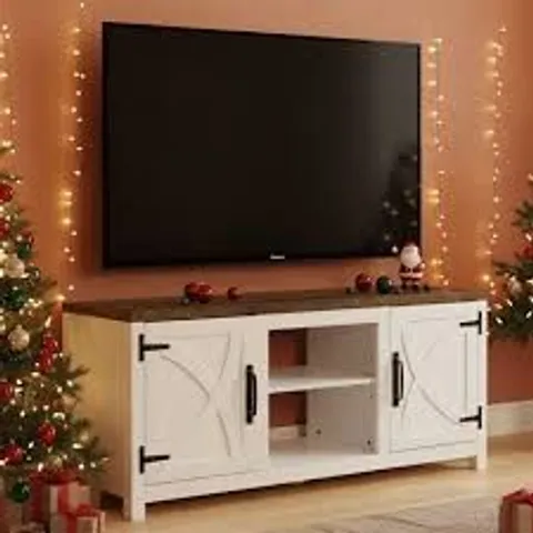 BOXED EMBER 147cm TV STAND WITH CLOSED STORAGE, STORAGE CABINET WITH ADJUSTABLE SHELVES, FOR TVS UP TO 65" - WHITE (1 BOX)