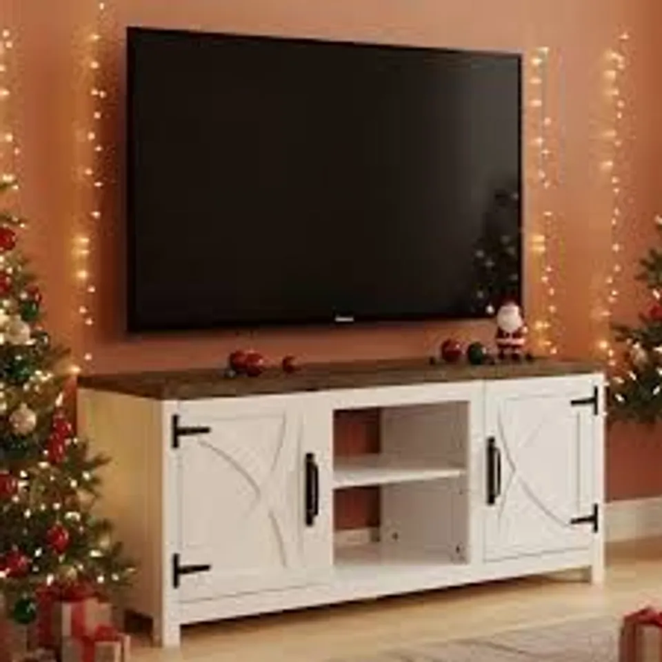 BOXED EMBER 147cm TV STAND WITH CLOSED STORAGE, STORAGE CABINET WITH ADJUSTABLE SHELVES, FOR TVS UP TO 65" - WHITE (1 BOX)
