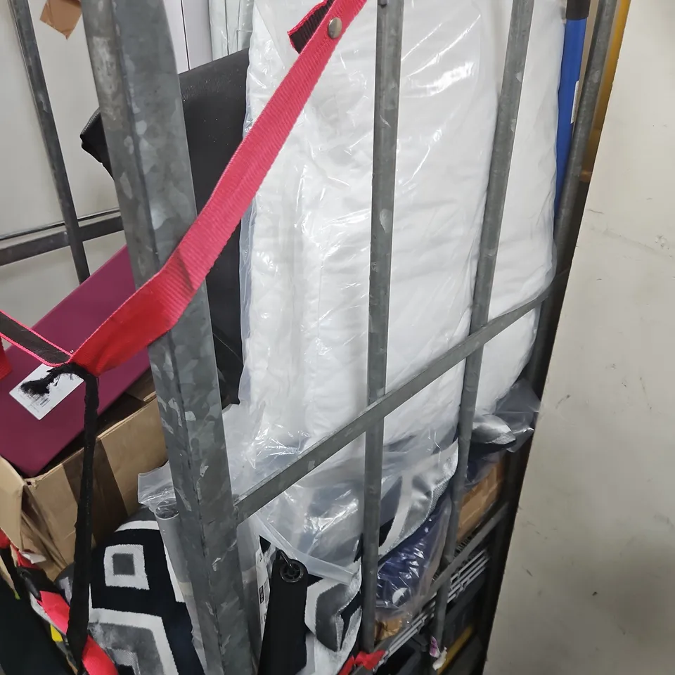 CAGE OF APPROXIMATELY 10 ASSORTED HOUSEHOLD ITEMS TO INCLUDE - VASE - WEIGHTS - CLOCK - COLLECTION ONLY