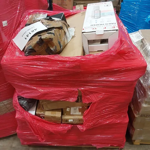 PALLET OF ASSORTED HOUSEHOLD ITEMS AND CONSUMER PRODUCTS TO INCLUDE; BLADELESS HEATER FAN, BAR TABLE, PULL-UP BAR, BOXED FURNITURE ETC