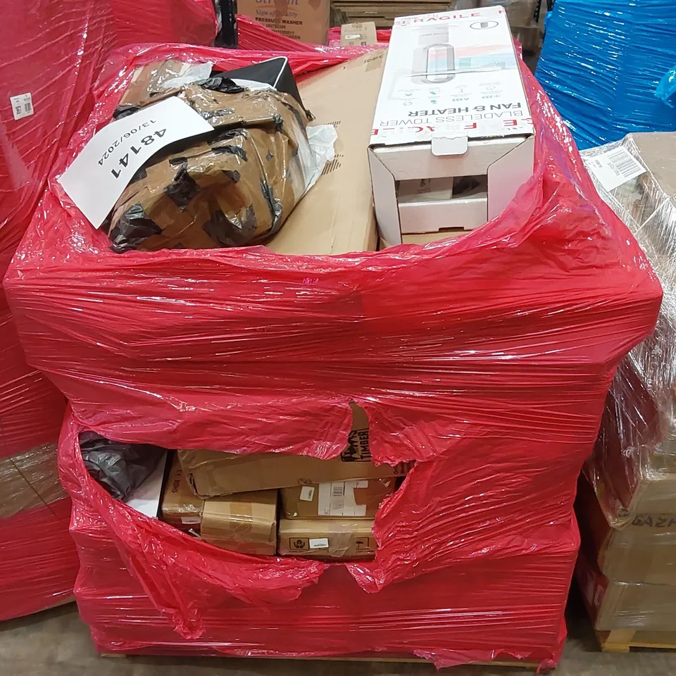 PALLET OF ASSORTED HOUSEHOLD ITEMS AND CONSUMER PRODUCTS TO INCLUDE; BLADELESS HEATER FAN, BAR TABLE, PULL-UP BAR, BOXED FURNITURE ETC 