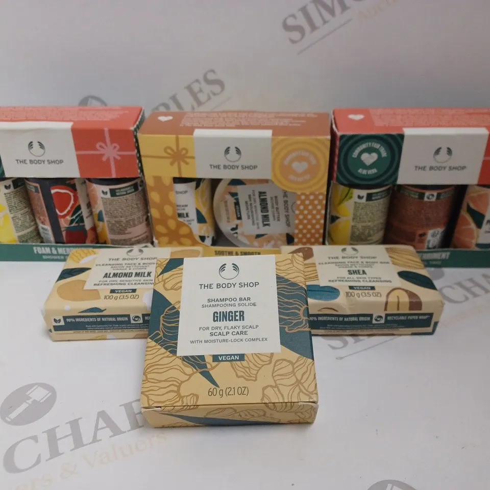 THE BODY SHOP PRODUCTS INCLUDING CLEANSING FACE AND BODY BAR, SHAMPOO BAR, SHOWER GEL TRO SETS