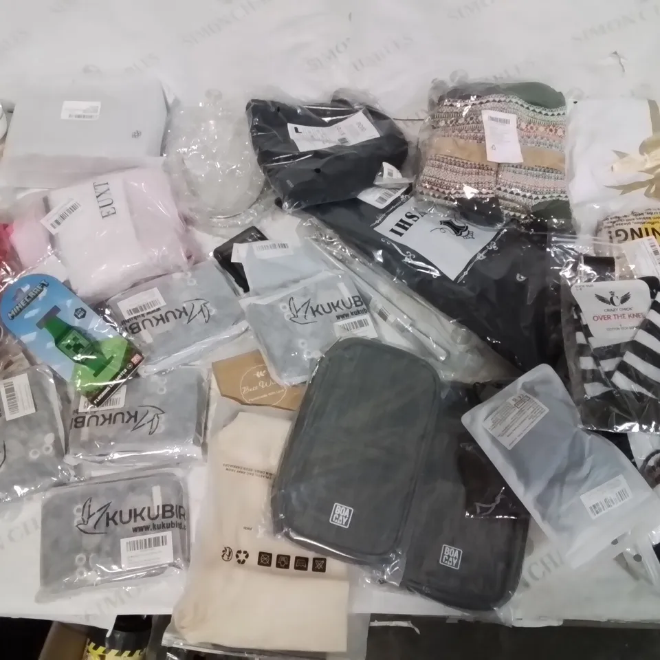 BOX CONTAINING LARGE AMOUNT OF MIXED FASHION ITEMS, SILVER PLATE AND COSTUME JEWELLERY, CLOTHING ITEMS ETC.