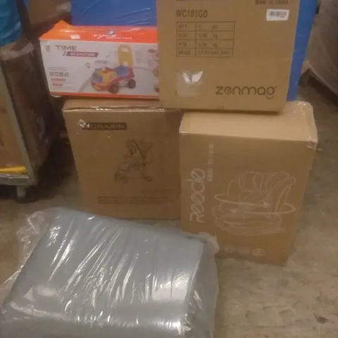 PALLET OF ASSORTED ITEMS INCLUDING DOG BED, WALL CLOCK, TIME SCOOTER, BOOSTER SEAT, BABY STROLLER