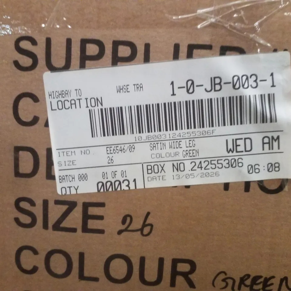 BOX CONTAINING APPROXIMATELY 31X BRAND NEW JD WILLIAM'S SATIN WIDE LEG - COLOUR GREEN - SIZE 26