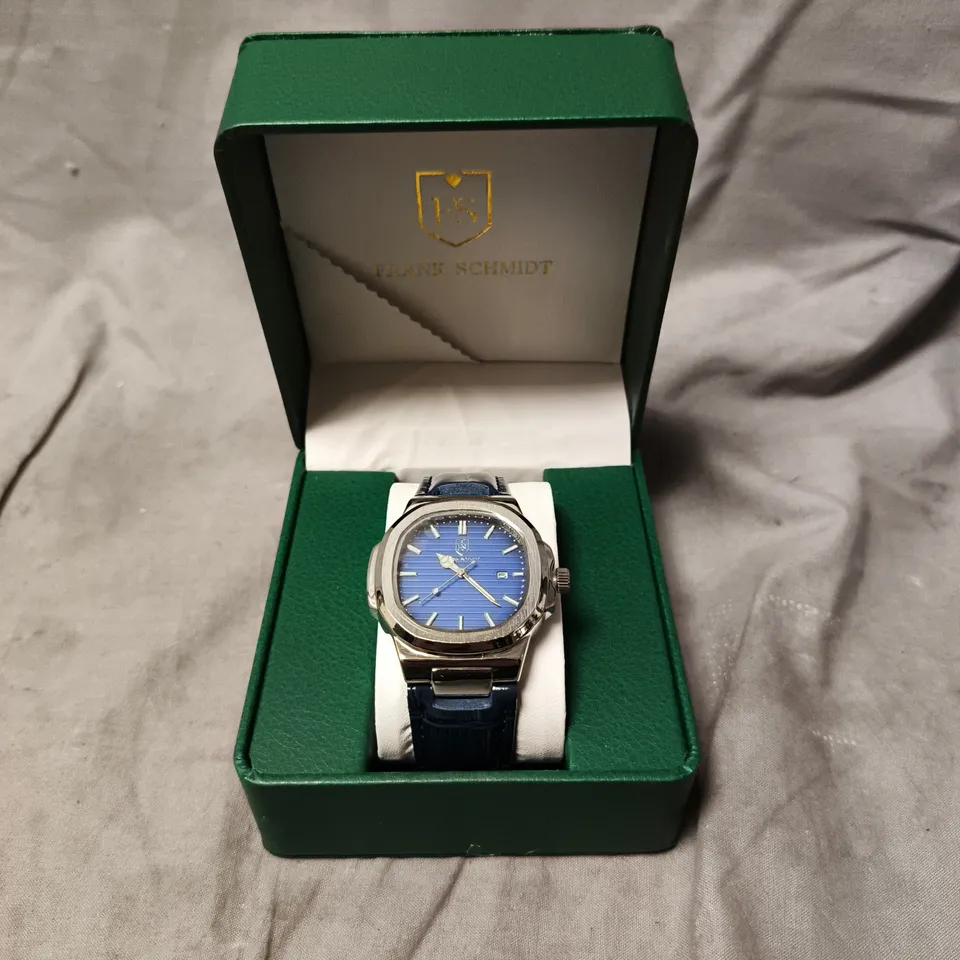 MENS FRANK SCHMIDT WATCH – TEXTURED DIAL WITH DATE – LEATHER STRAP- MODEL: FSL AMBASSADOR – 3ATM WATER RESISTANT IN BLUE