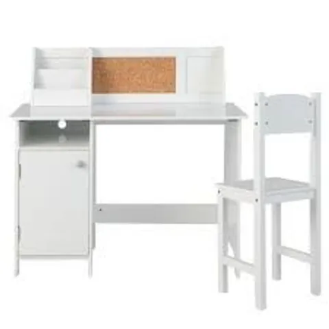 BOXED COSTWAY WOODEN CHILDREN STUDY TABLE AND CHAIR SET WITH STORAGE CABINET AND BULLETIN BOARD - WHITE