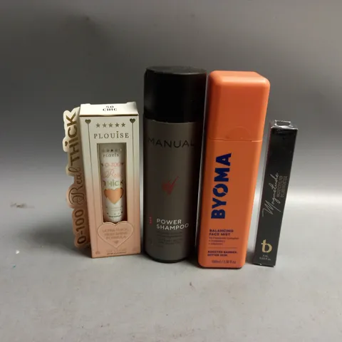 4 ASSORTED HEALTH AND BEAUTY PRODUCTS TO INCLUDE PLOUISE LIP GLOSS TORI BELLE MAGNETUDE MAGNETIC EYELINER, BYOMA BALANCING FACE MIST, MANUAL POWER SHAMPOO 