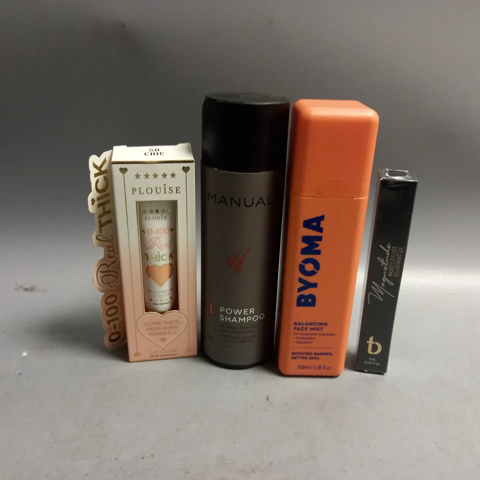 4 ASSORTED HEALTH AND BEAUTY PRODUCTS TO INCLUDE PLOUISE LIP GLOSS TORI BELLE MAGNETUDE MAGNETIC EYELINER, BYOMA BALANCING FACE MIST, MANUAL POWER SHAMPOO 