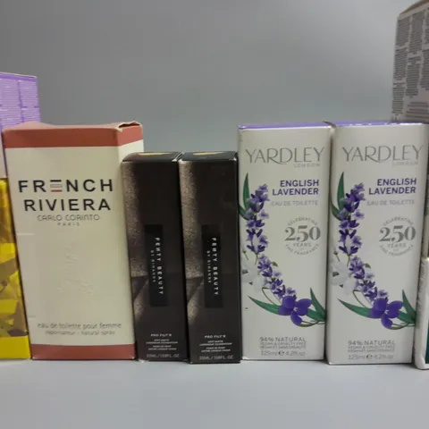 LOT OF 10 ASSORTED BEAUTY ITEMS TO INCLUDE SKIN RESEARCH NIGHT MOISTURIZER, YARDLEY EAU DE TOILETTE AND FENTY SOFT MATT FOUNDATION