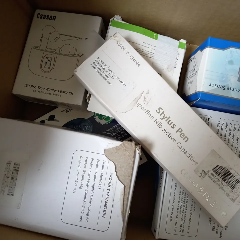 APPROXIMATELY 10 ASSORTED ITEMS TO INCLUDE FOLDING FAN. WIRELESS EARBUDS, SMART WELCOME SENSOR ETC.