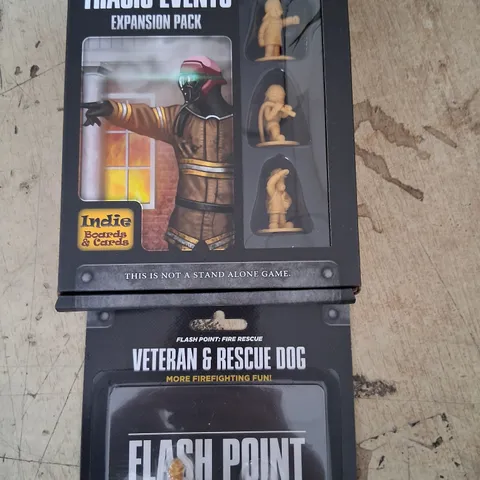 TWO ASSORTED FLASHPOINT FIRE RESCUE PRODUCTS TO INCLUDE; TRAGIC EVENTS EXPANSION PACK AND VETERN AND RESCUE DOG