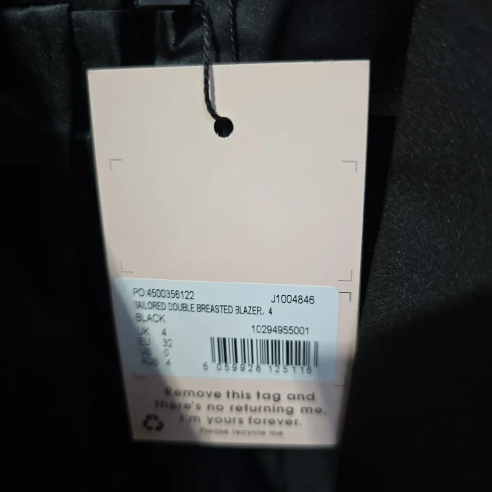 MISSGUIDED TAILORED DOUBLE-BREASTED BLAZER – BLACK, UK 4