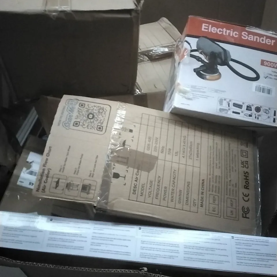 PALLET OF ASSORTED HOUSEHOLD GOODS AND PRODUCTS TO INCLUDE; AIR COOLER, SAFETY GATE, ELECTRIC SANDER BOXED FURNITURE ETC